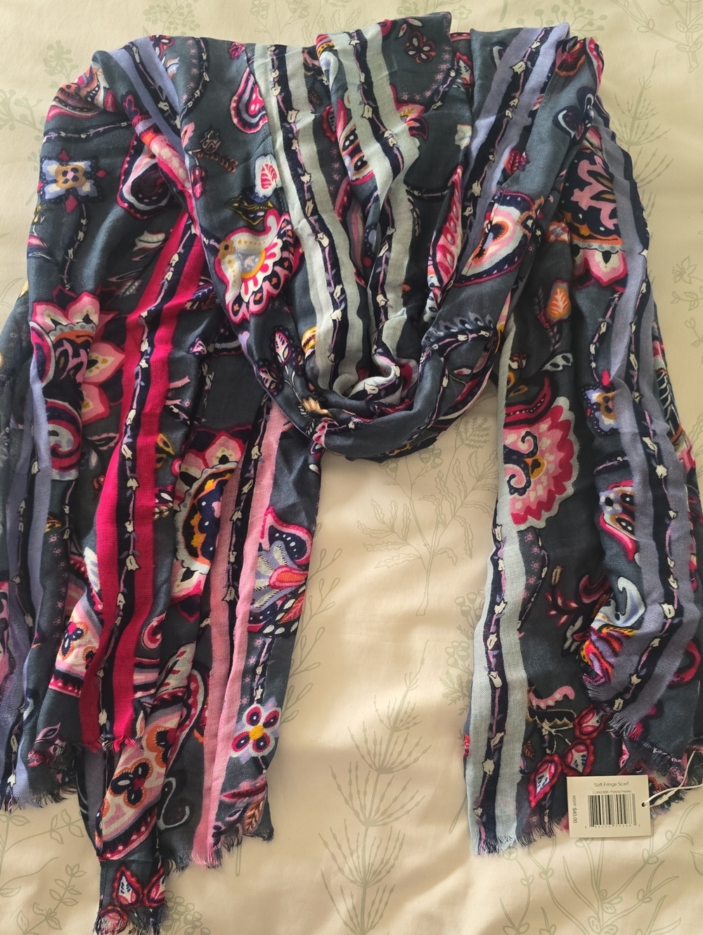 Women's Paisley Fringe Scarf - Navy, Pink & Gray 70x32in New